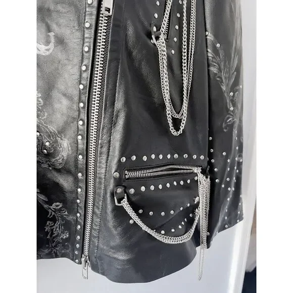 Free People Nigel Preston Chain Embellished Biker Jacket Leather - Picture 8 of 14